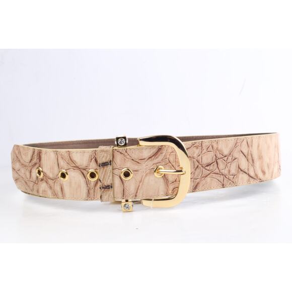 Beige Embossed Leather Wide Adjustable Waist Belt Size 46 Gold Buckle main image 4